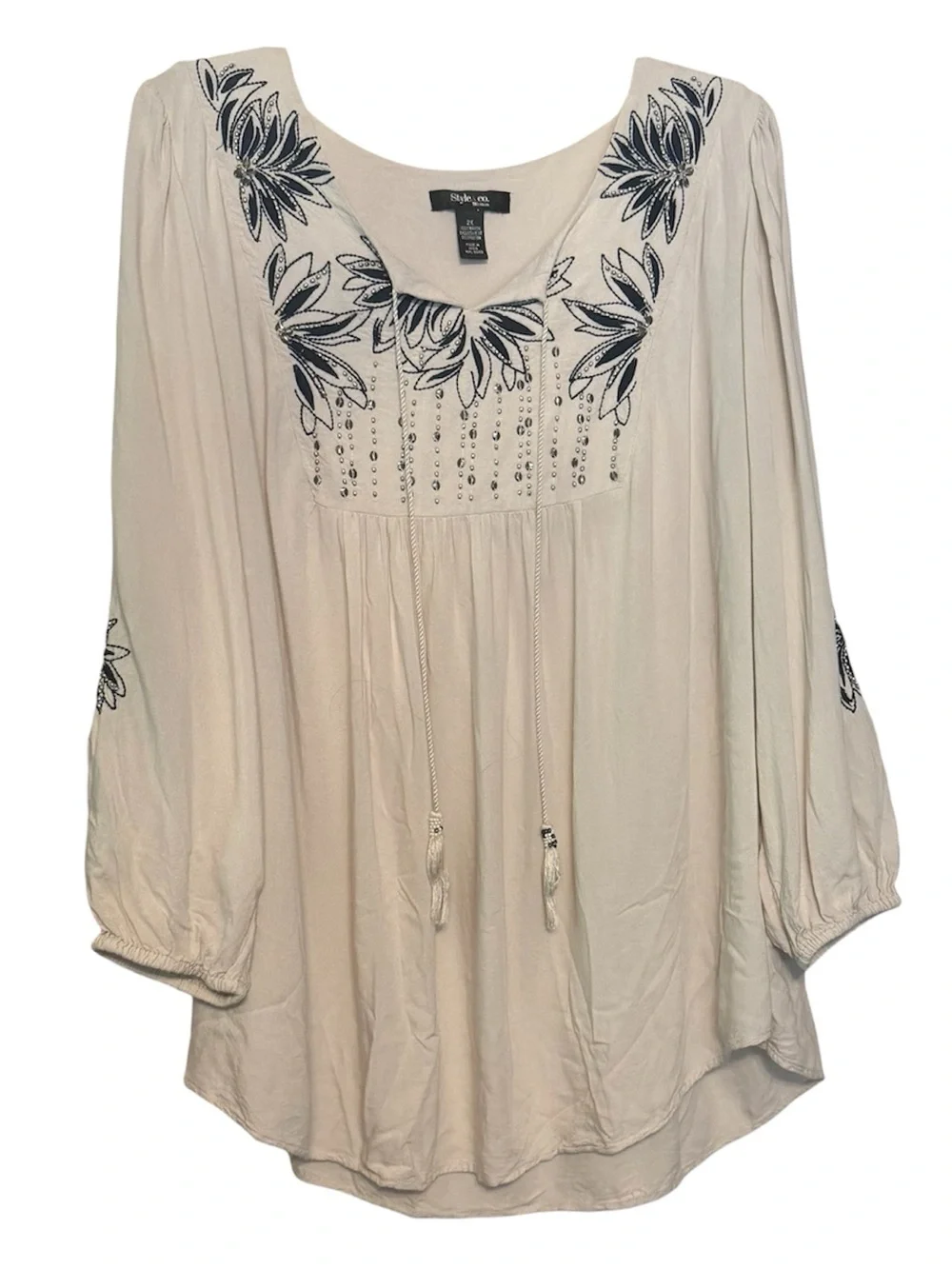 Style & Co Stone Beige & Navy Embroidered Beaded Boho Blouse 2X
